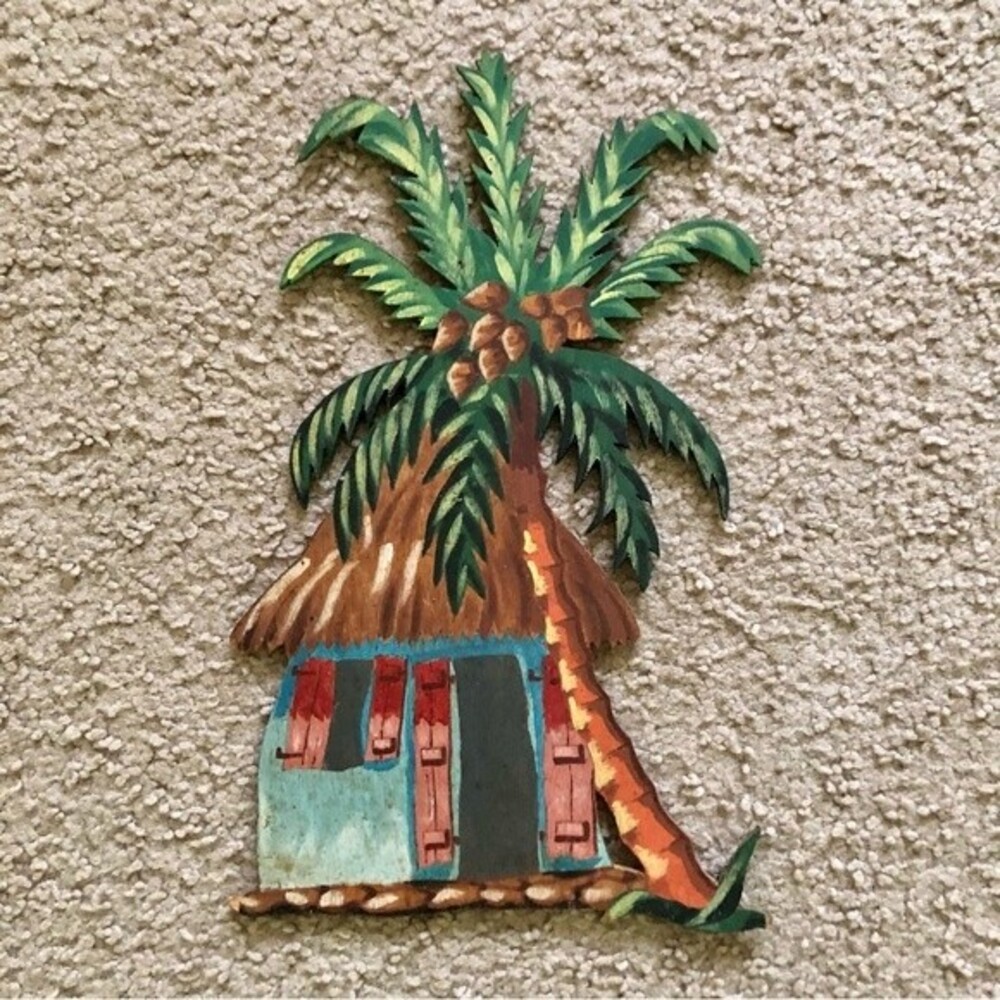 Vintage Wooden Tropical Hut Coconut Tree Painted Decor